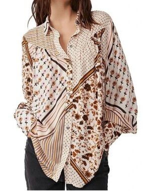 Free People Hazel Button Down Patchwork Blouse Ivory Floral Viscose, Small